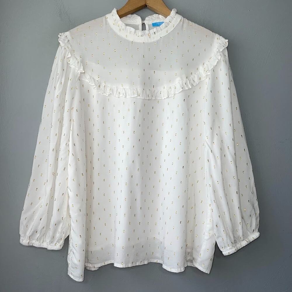 Draper James Ruffled Peasant Top Size XL White Metallic Gold Romantic Holiday